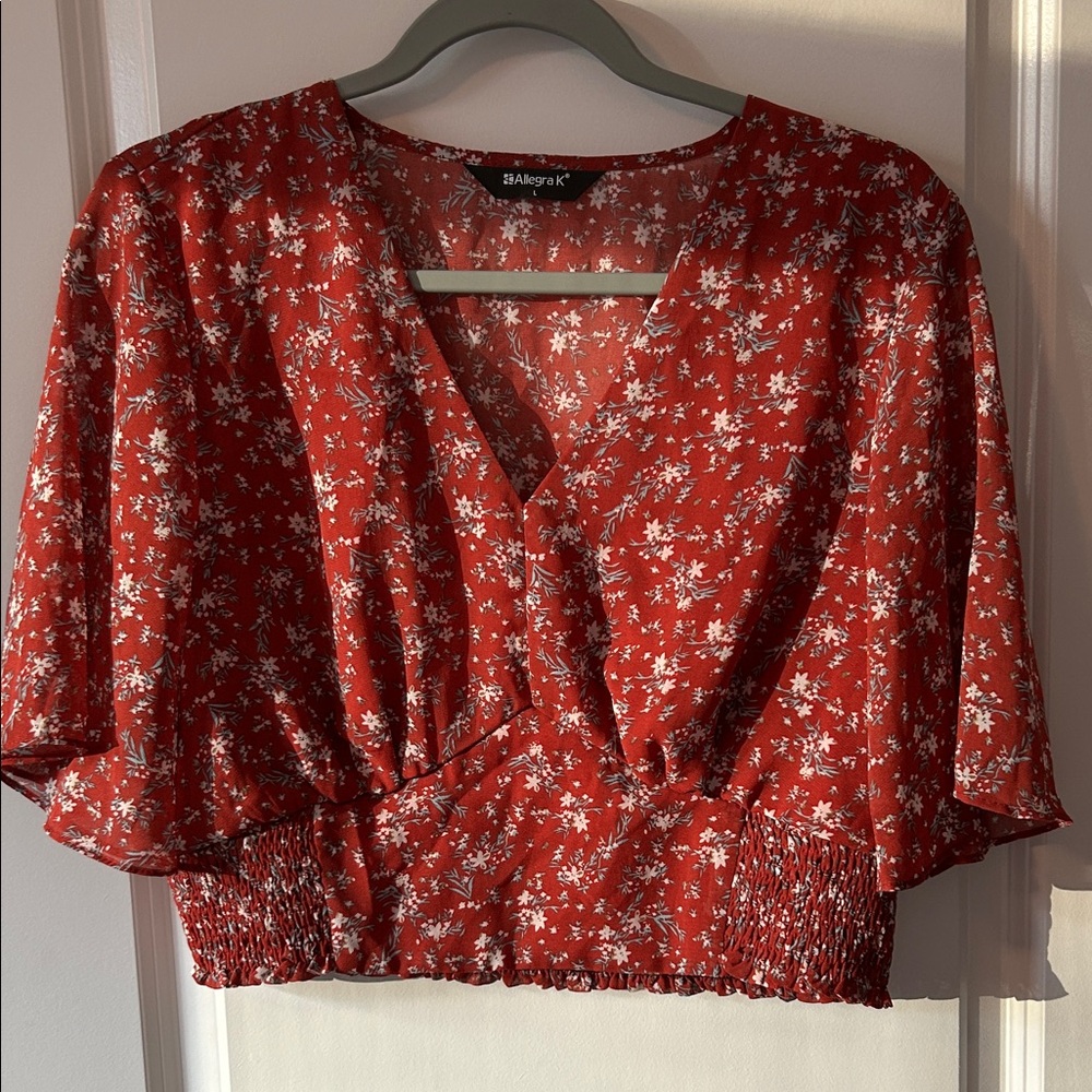 Allegra K Red Elastic Waist / Cropped Floral Blouse